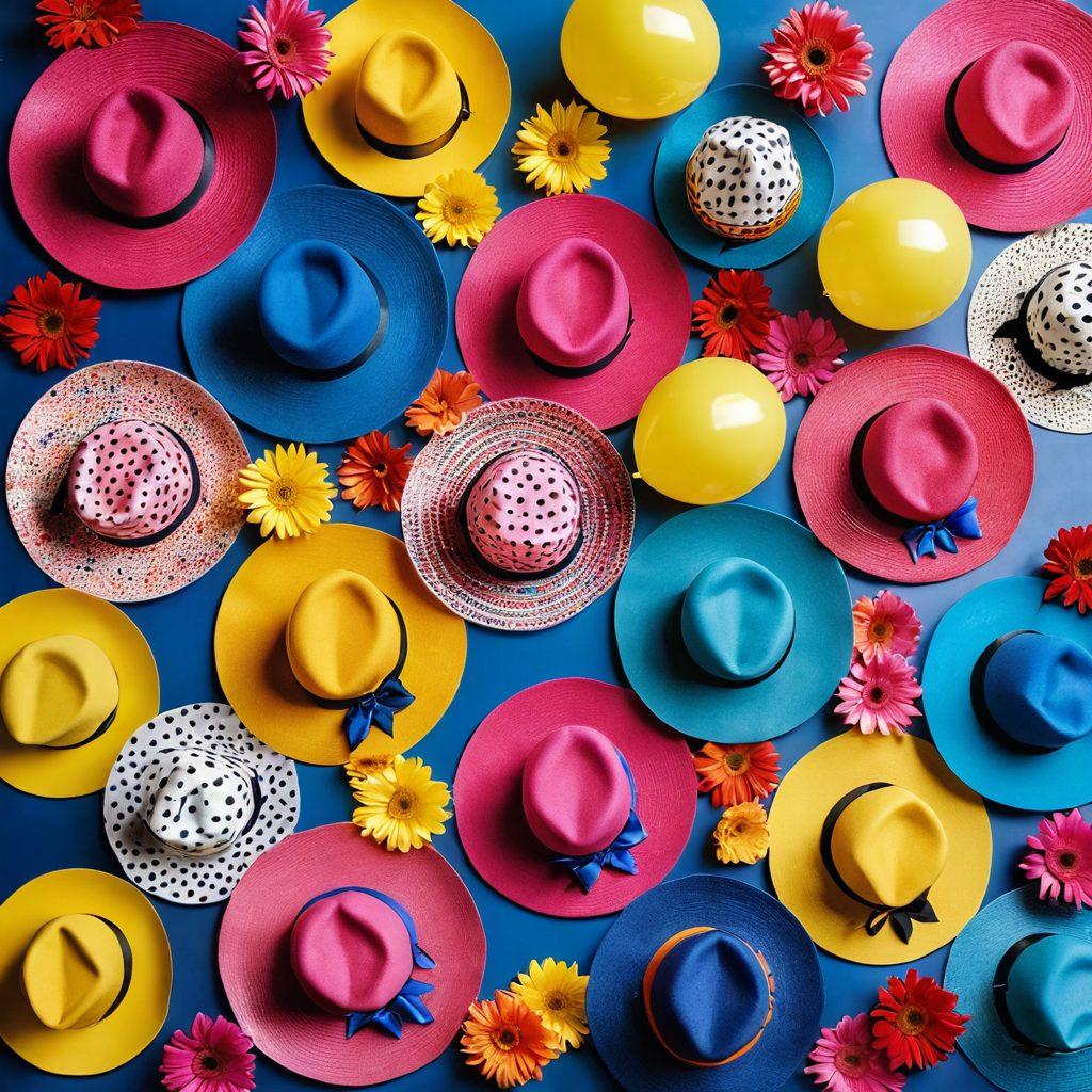 A vibrant array of whimsical hats placed on a festive table, featuring bold colors like bright pink, electric blue, and sunny yellow. Include playful designs such as oversized flowers, quirky animal shapes, and polka dots. Add cheerful decorations like confetti and balloons in the background to evoke a celebratory atmosphere. The scene should convey a sense of joy and creativity, inviting viewers to explore fun hat choices for every occasion. super-realistic. vibrant colors. playful style.