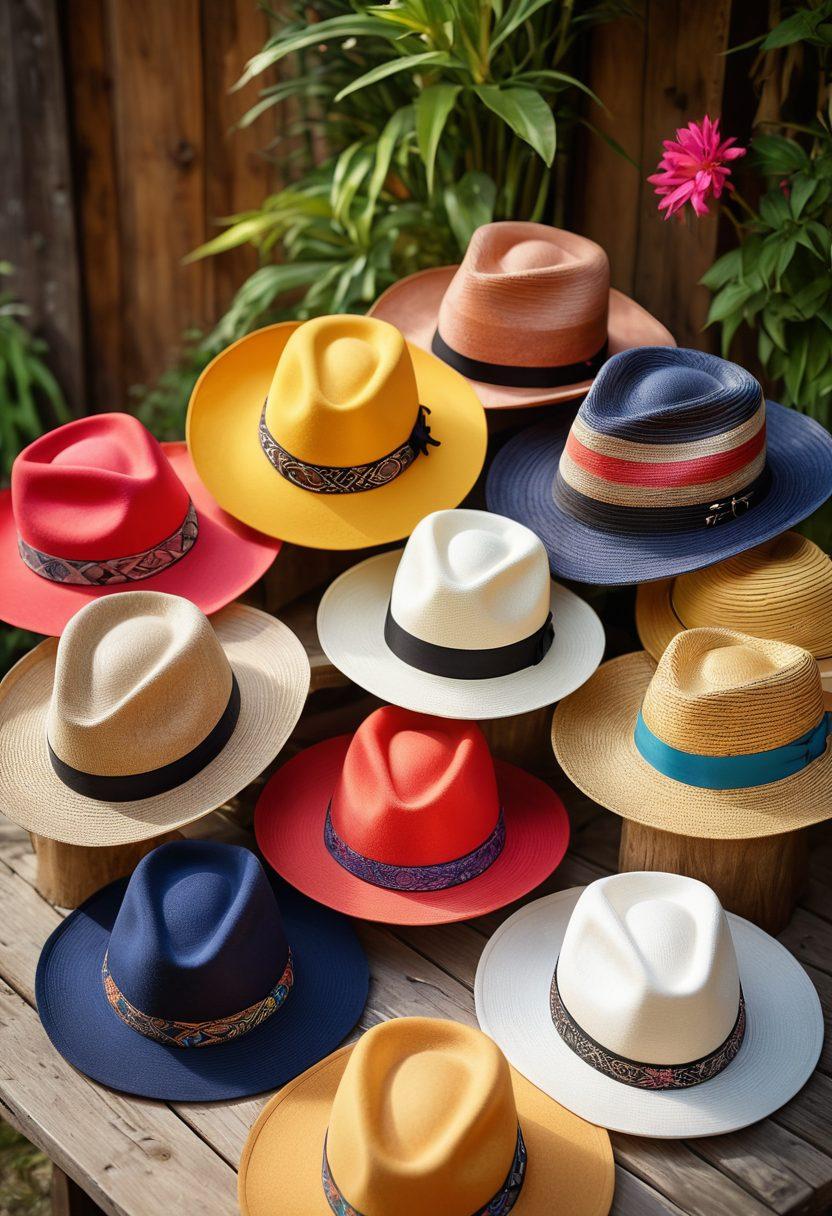 A colorful assortment of vibrant hats displayed creatively on a vintage wooden table, showcasing diverse styles like fedoras, beanies, and sun hats. Each hat is adorned with unique patterns and embellishments that emphasize individuality and expression. The background features a soft, blurred garden setting to evoke a festive and lively atmosphere. warm sunlight filters through, highlighting the textures and colors of the hats. super-realistic. vibrant colors. soft focus.
