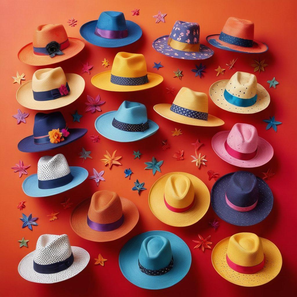 A colorful display of 10 whimsical hats featuring a whimsical design, each hat with unique patterns and vibrant colors, set against a bright and playful backdrop. Incorporate elements like flowers, stars, and polka dots floating around to enhance the joyful atmosphere. Capture a sense of lightness and fun, inviting viewers to imagine how these hats could transform their wardrobe. super-realistic. vibrant colors. playful background.